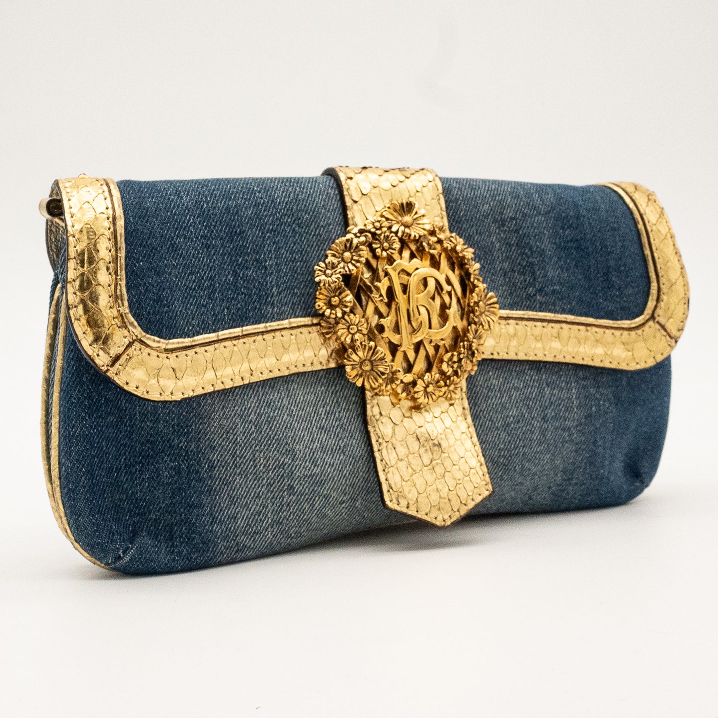 Roberto Cavalli Denim Snake Skin Embossed Clutch Shoulder Bag