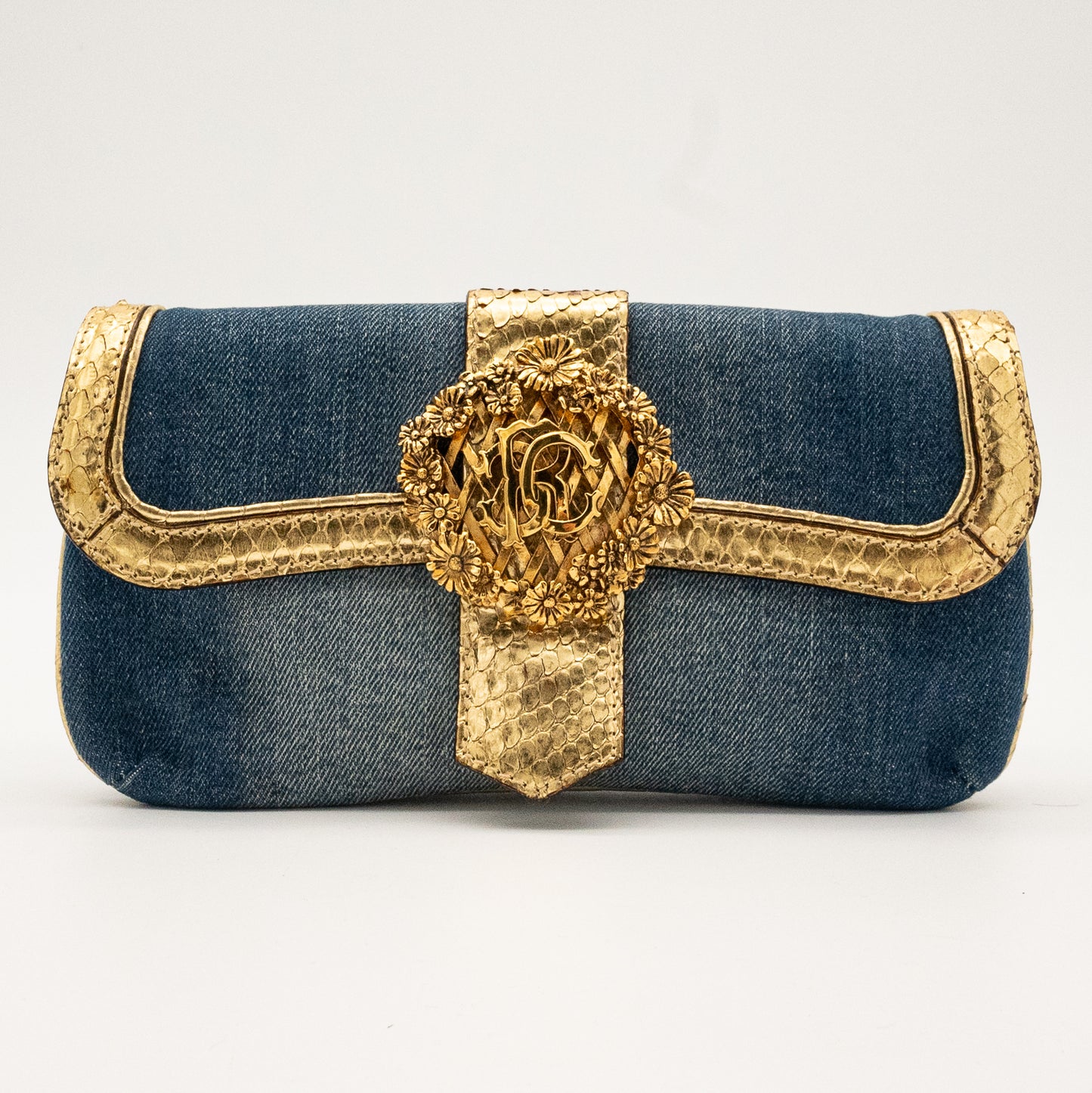 Roberto Cavalli Denim Snake Skin Embossed Clutch Shoulder Bag