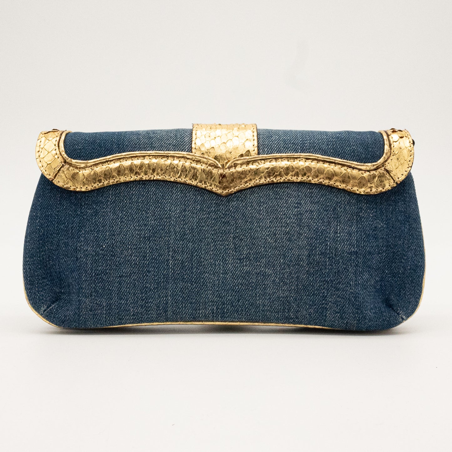 Roberto Cavalli Denim Snake Skin Embossed Clutch Shoulder Bag