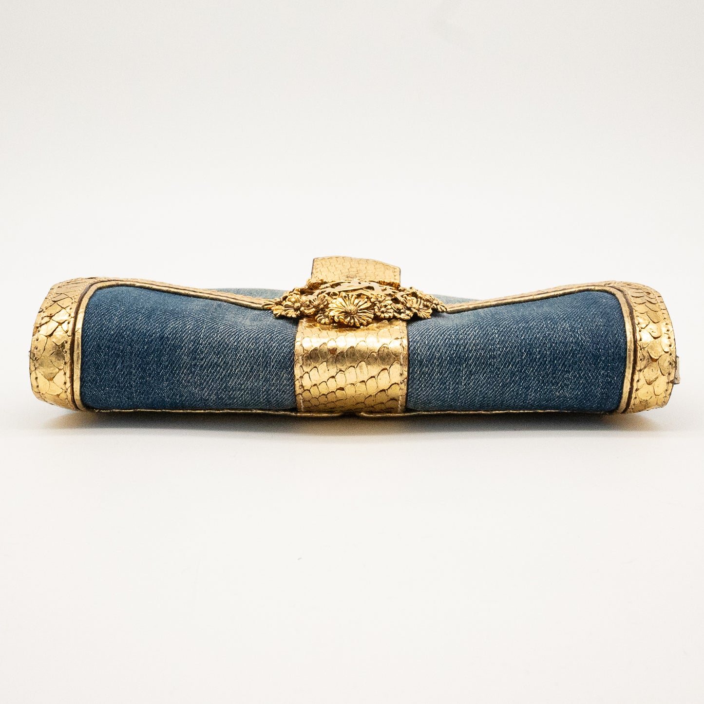 Roberto Cavalli Denim Snake Skin Embossed Clutch Shoulder Bag