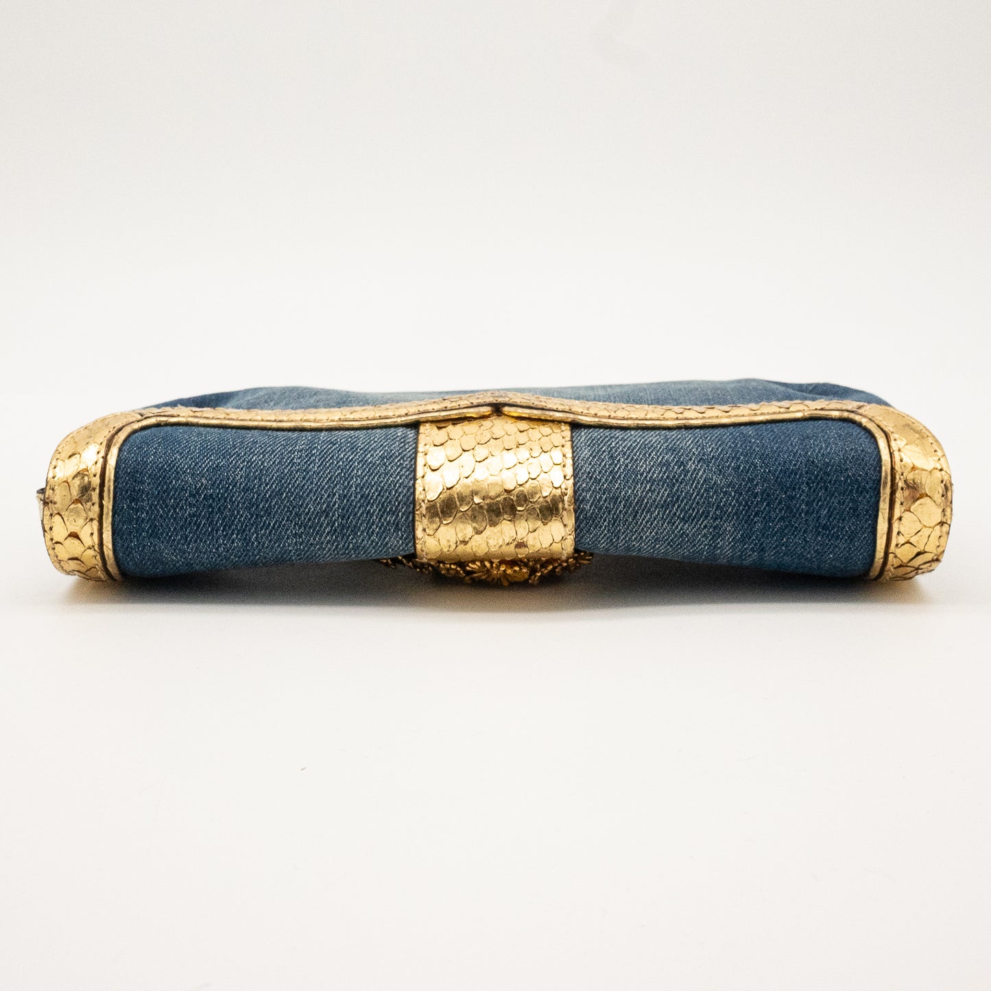 Roberto Cavalli Denim Snake Skin Embossed Clutch Shoulder Bag