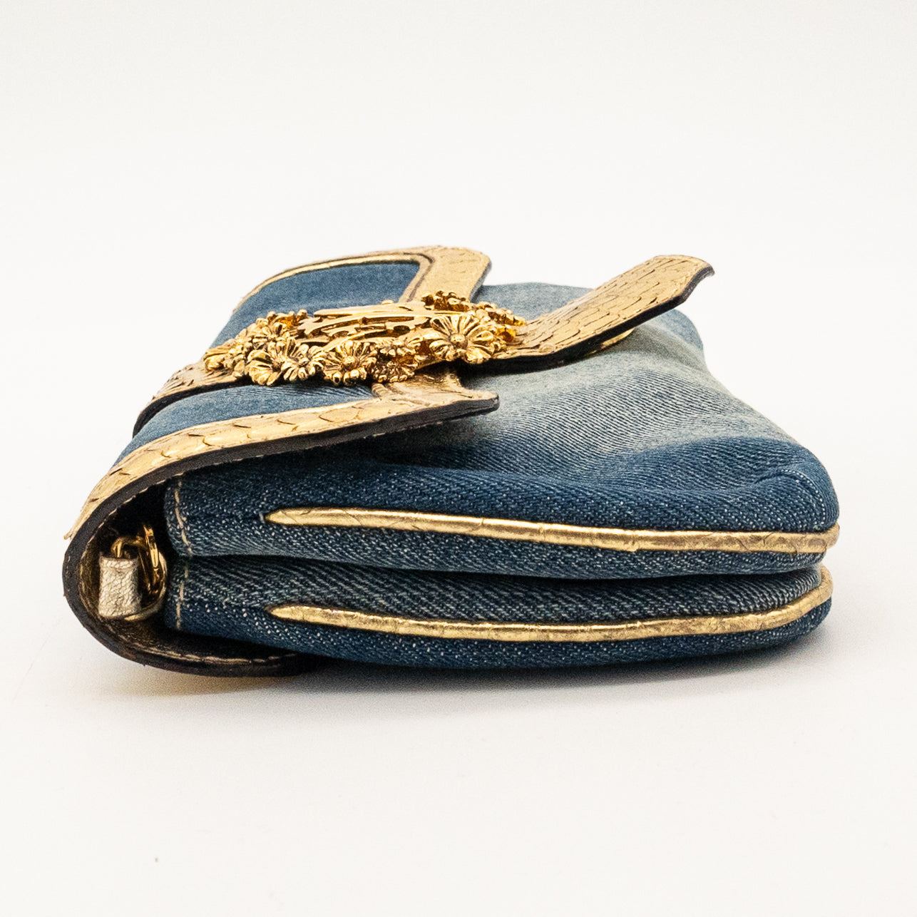 Roberto Cavalli Denim Snake Skin Embossed Clutch Shoulder Bag