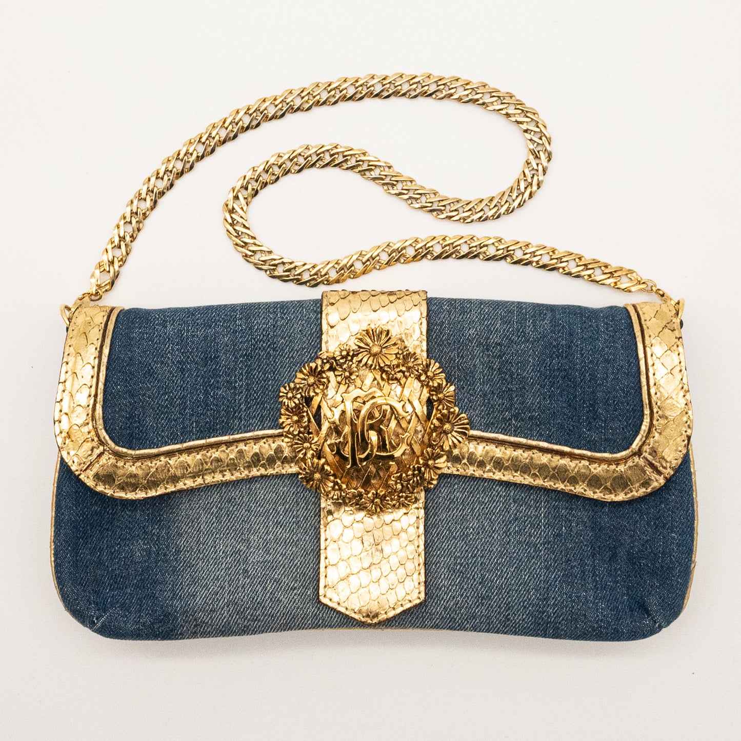 Roberto Cavalli Denim Snake Skin Embossed Clutch Shoulder Bag