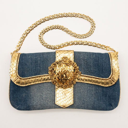 Roberto Cavalli Denim Snake Skin Embossed Clutch Shoulder Bag