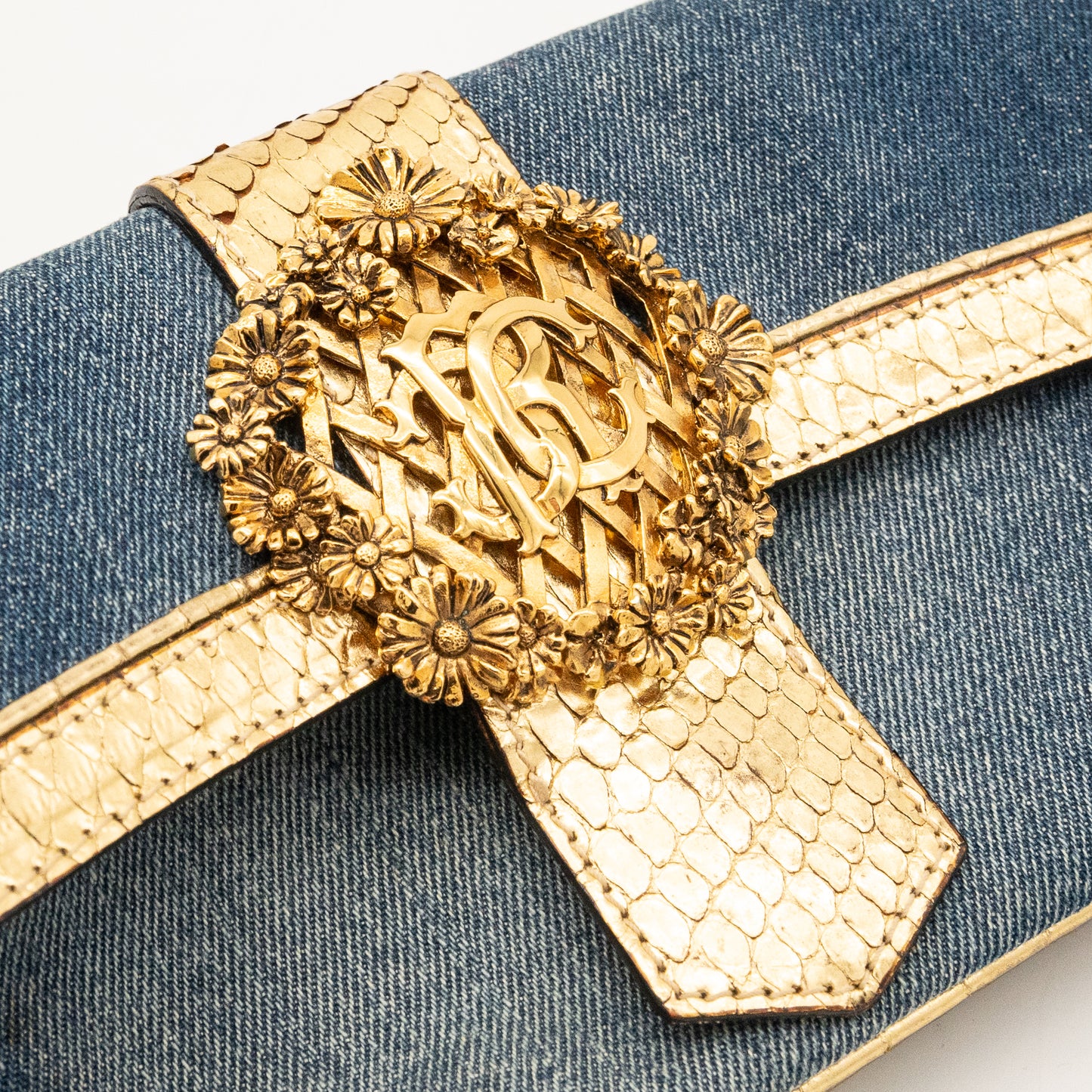 Roberto Cavalli Denim Snake Skin Embossed Clutch Shoulder Bag