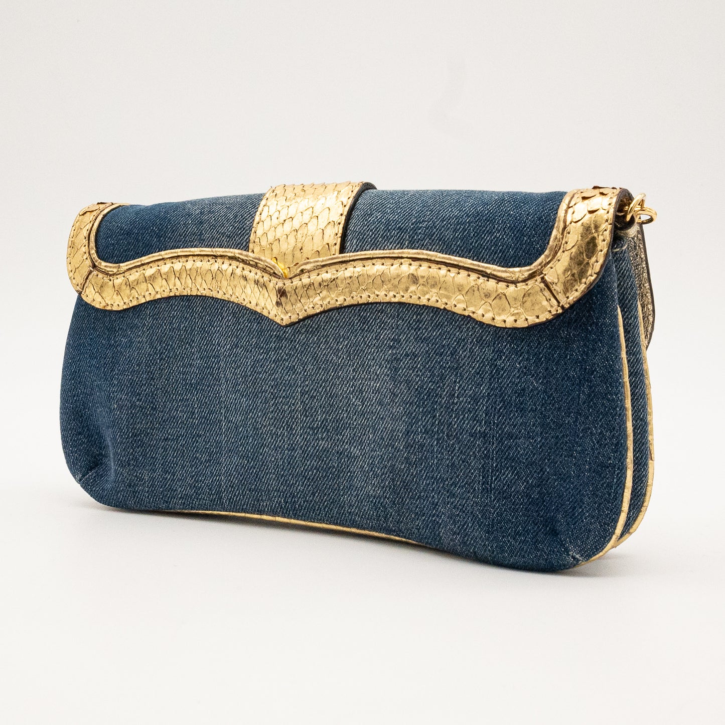 Roberto Cavalli Denim Snake Skin Embossed Clutch Shoulder Bag