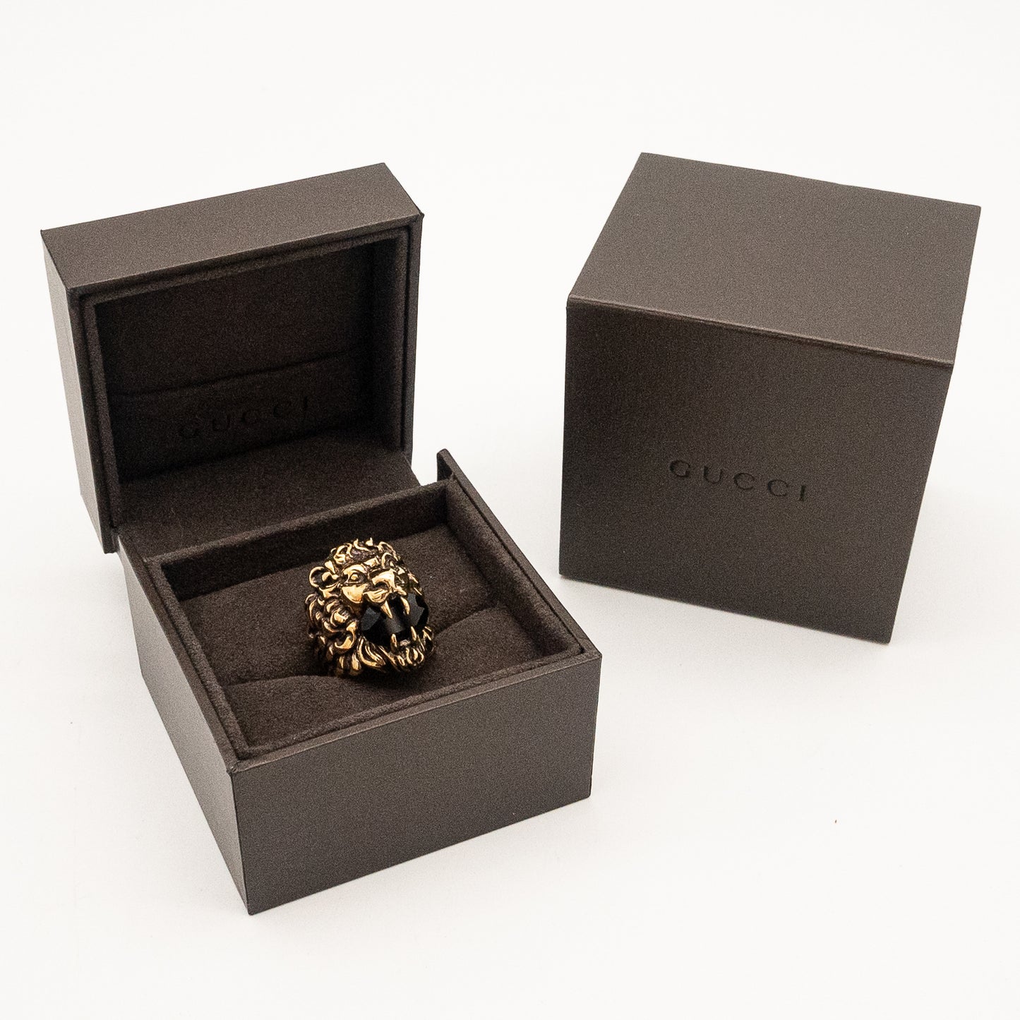 Authentic Gucci Lion Head Motif Black Crystal Ring In Gold & Black