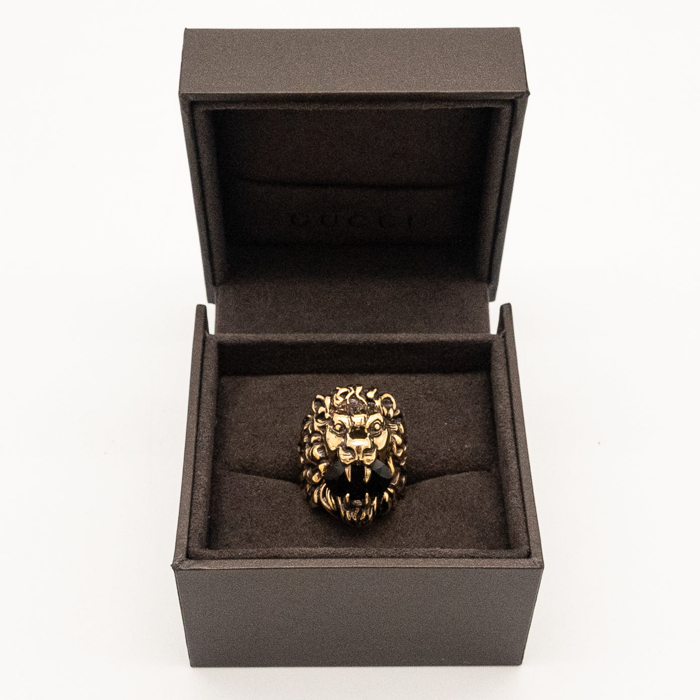 Authentic Gucci Lion Head Motif Black Crystal Ring In Gold & Black