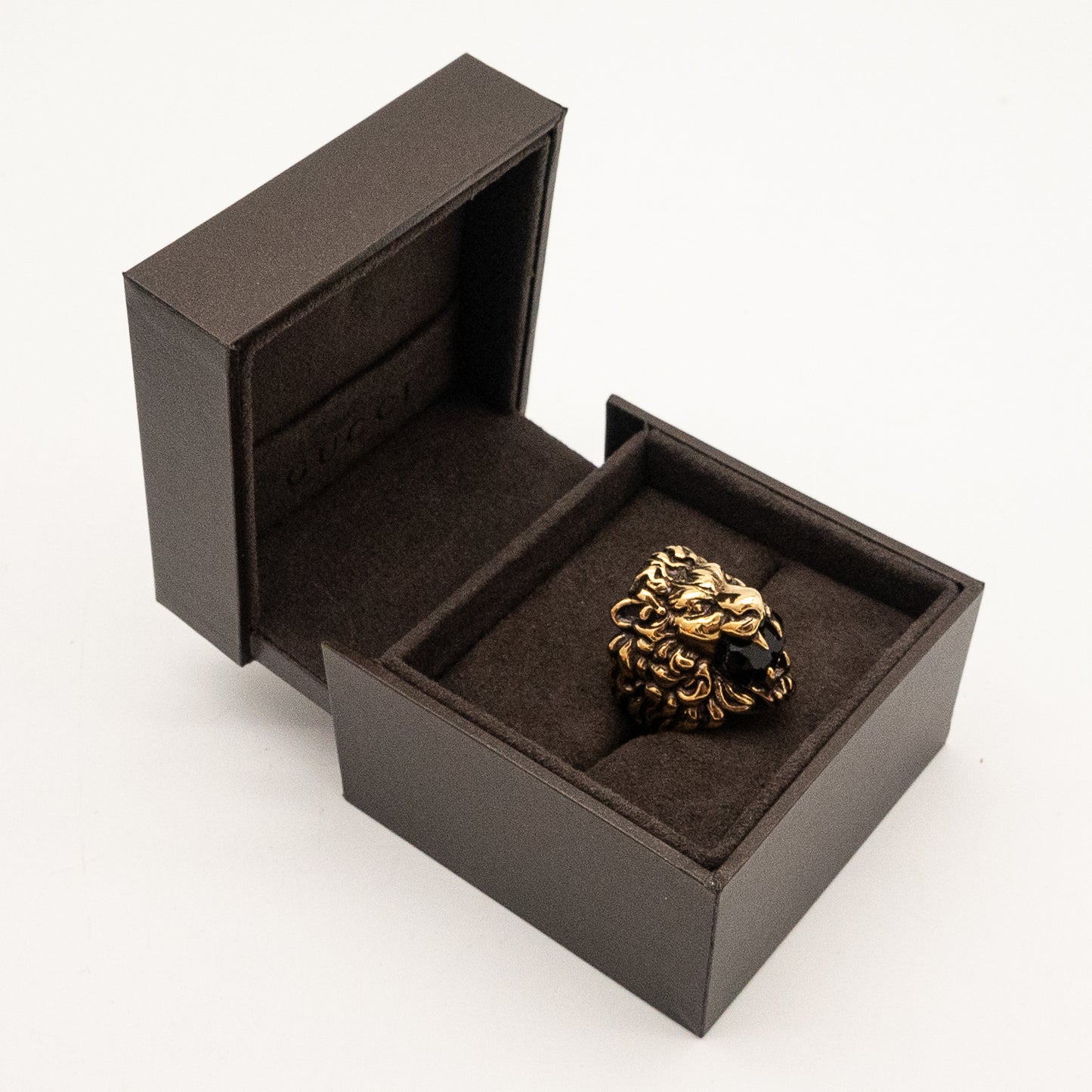 Authentic Gucci Lion Head Motif Black Crystal Ring In Gold & Black