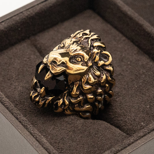 Authentic Gucci Lion Head Motif Black Crystal Ring In Gold & Black