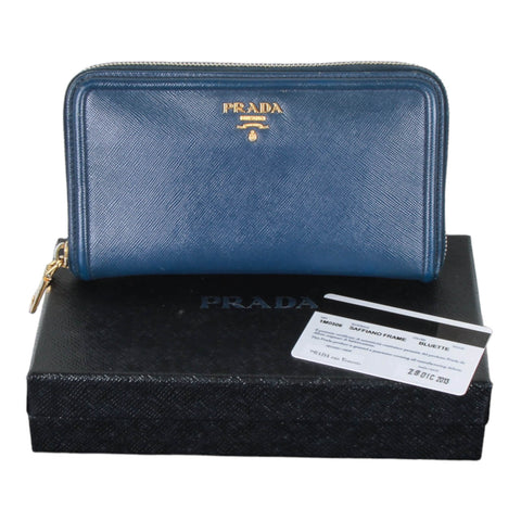 Authentic Prada Saffiano Blue leather zip around wallet 1ML506