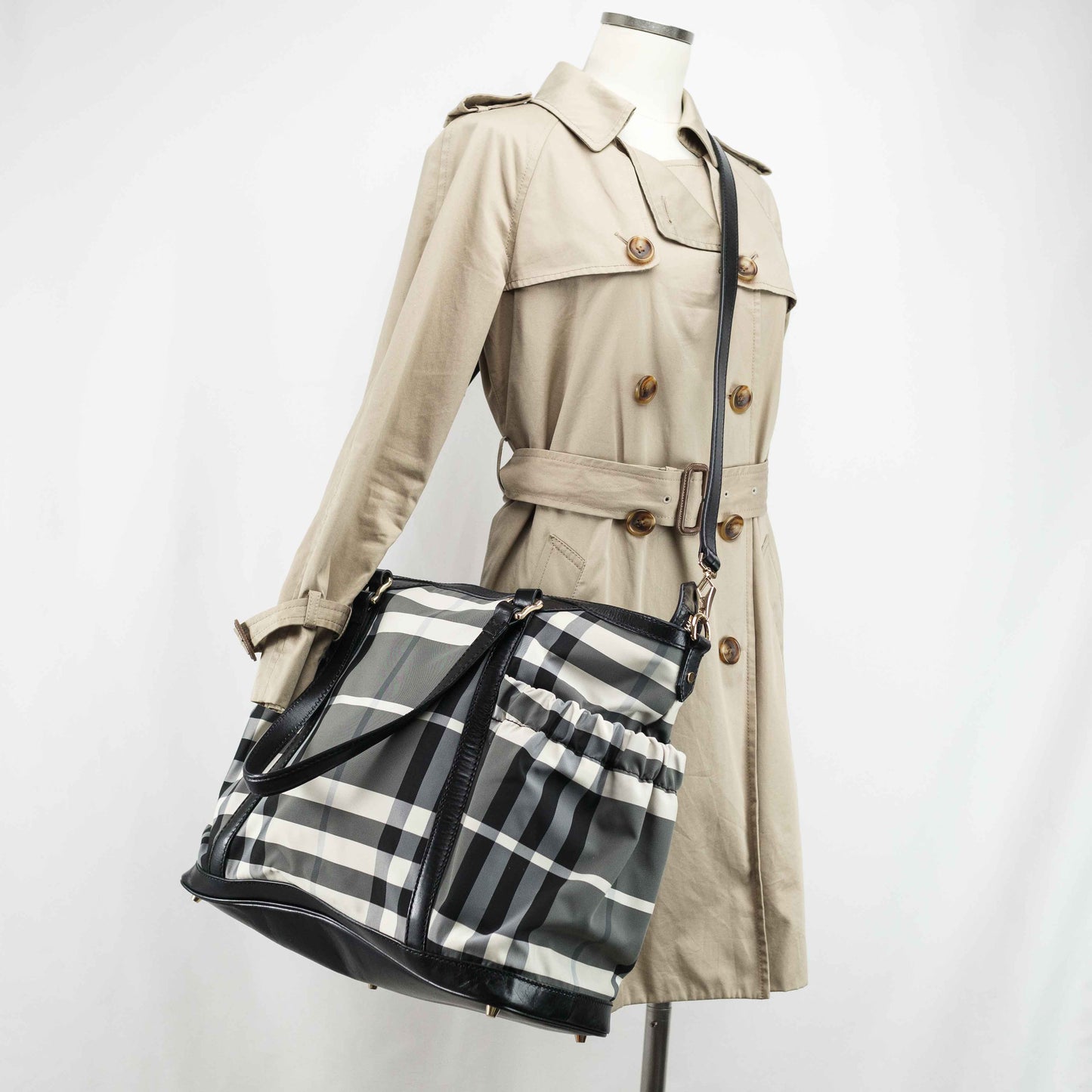 Burberry Black & White Nylon Check Drawstring Tote Bag