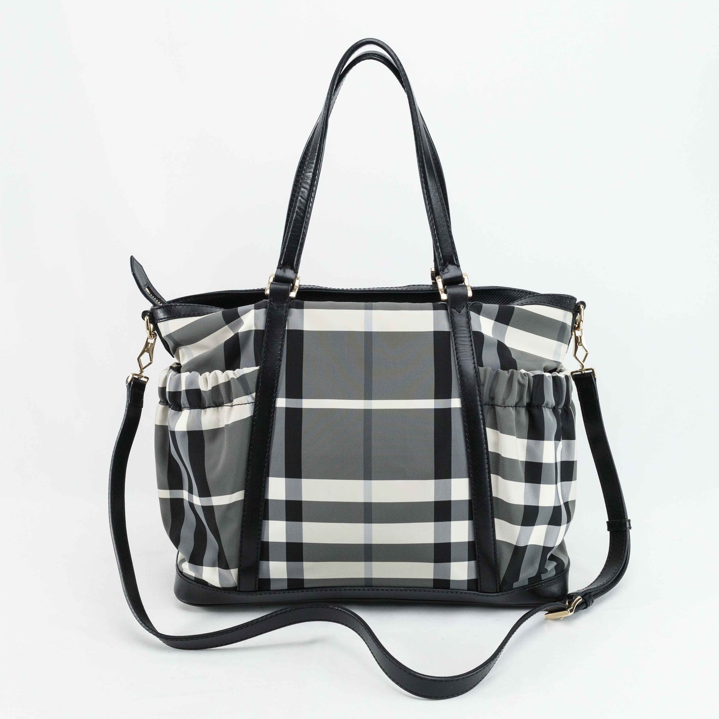 Burberry Black & White Nylon Check Drawstring Tote Bag