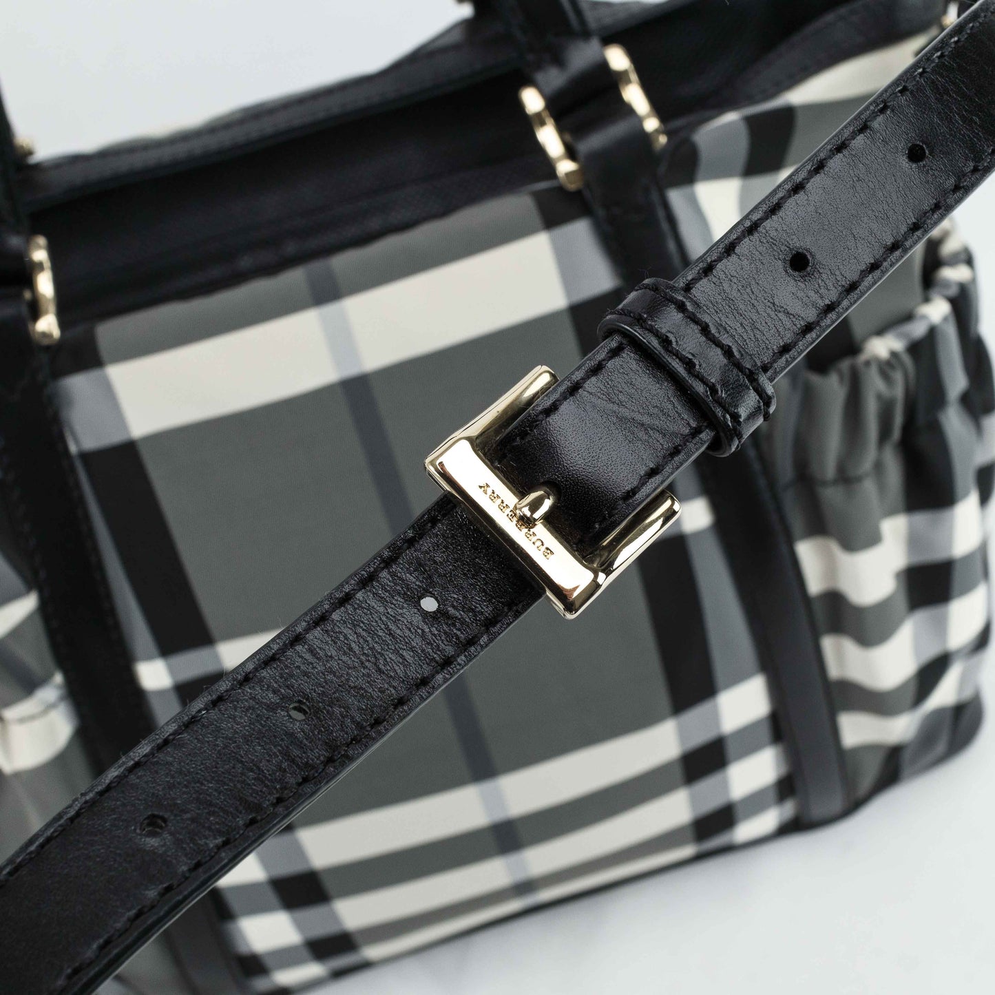 Burberry Black & White Nylon Check Drawstring Tote Bag