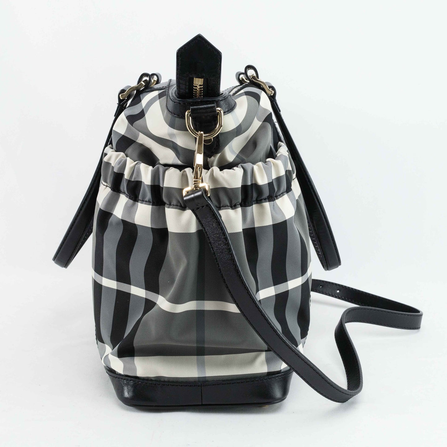 Burberry Black & White Nylon Check Drawstring Tote Bag