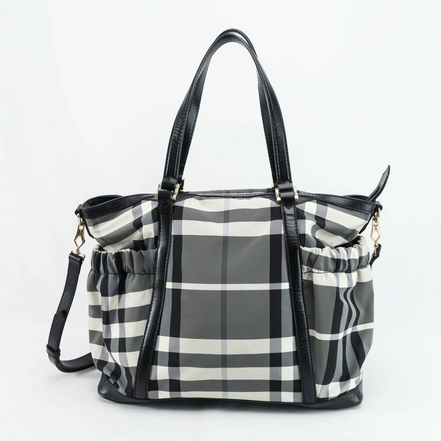 Burberry Black & White Nylon Check Drawstring Tote Bag