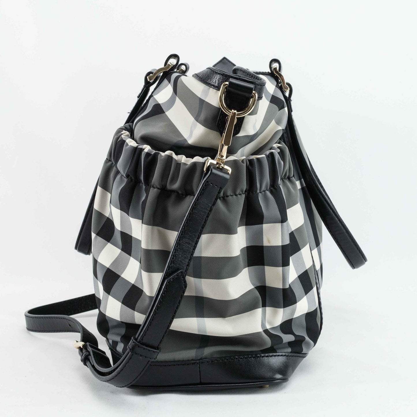 Burberry Black & White Nylon Check Drawstring Tote Bag