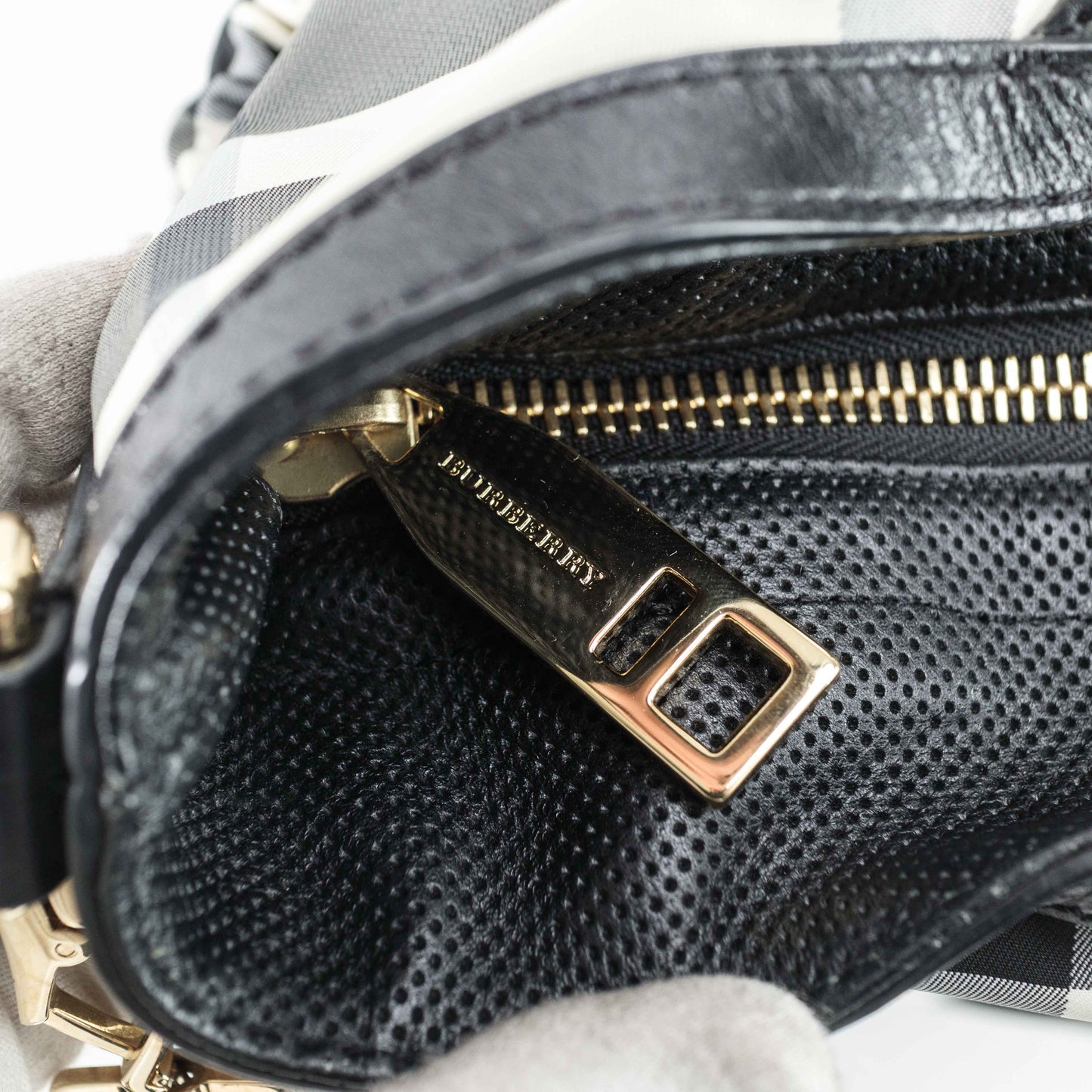 Burberry Black & White Nylon Check Drawstring Tote Bag