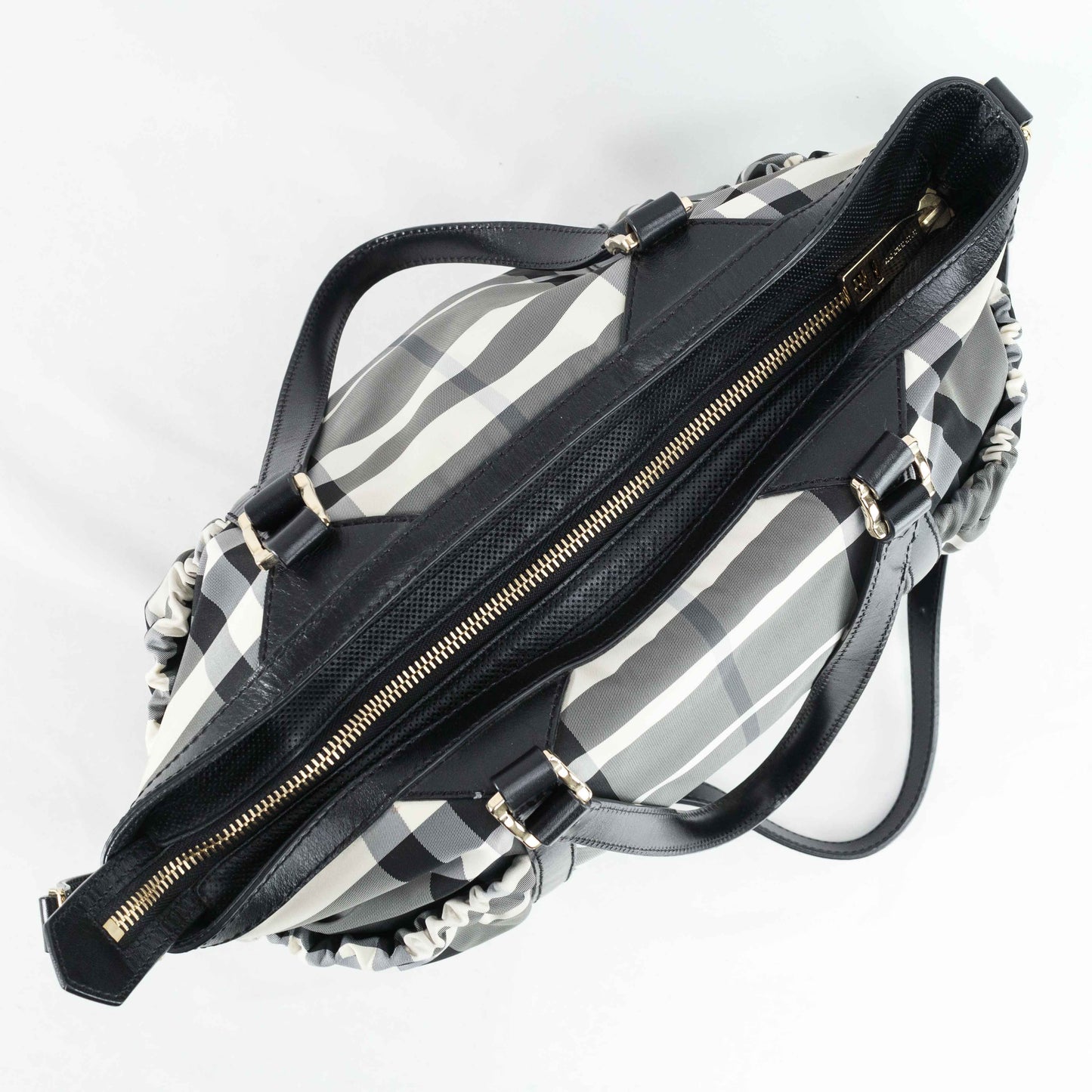 Burberry Black & White Nylon Check Drawstring Tote Bag