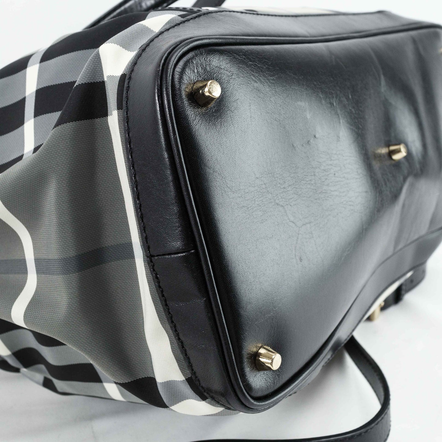 Burberry Black & White Nylon Check Drawstring Tote Bag