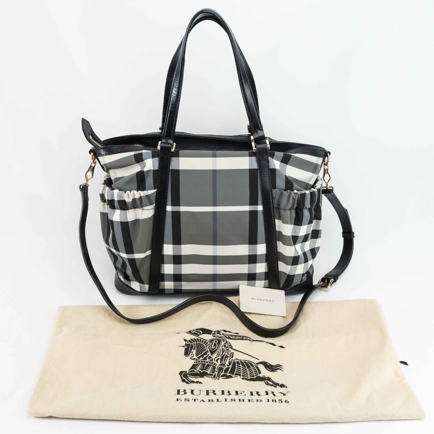 Burberry Black & White Nylon Check Drawstring Tote Bag