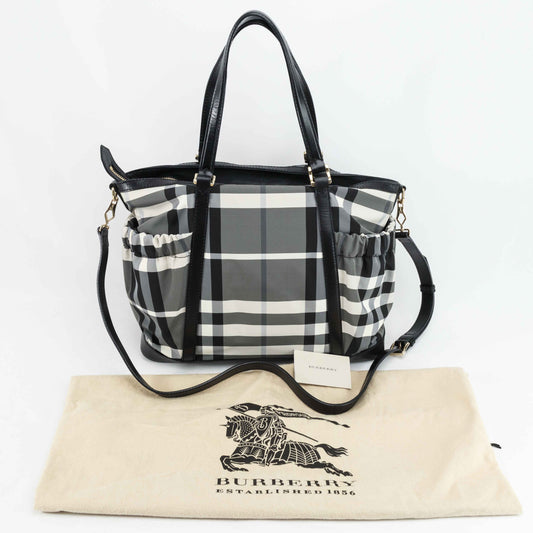 Burberry Black & White Nylon Check Drawstring Tote Bag