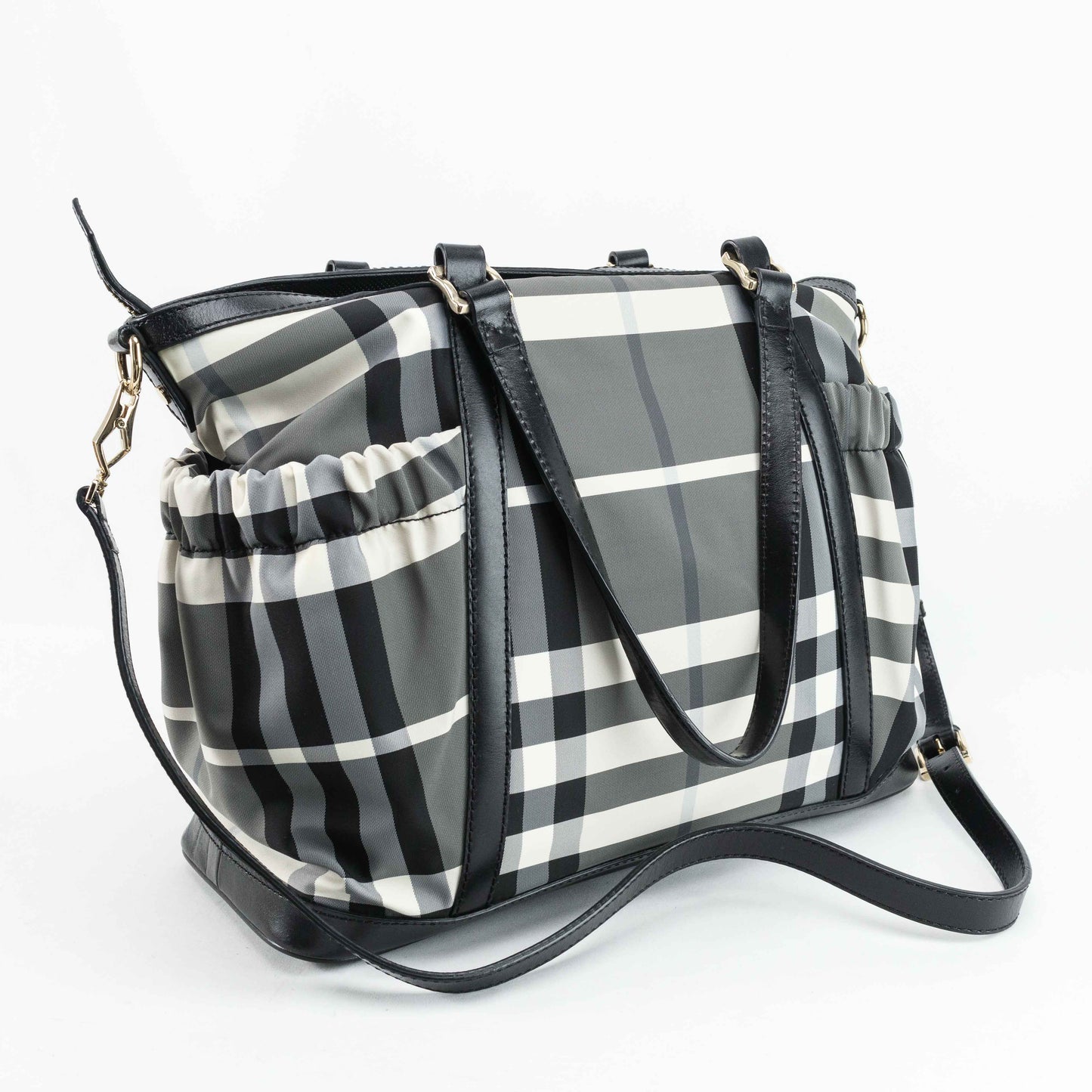 Burberry Black & White Nylon Check Drawstring Tote Bag