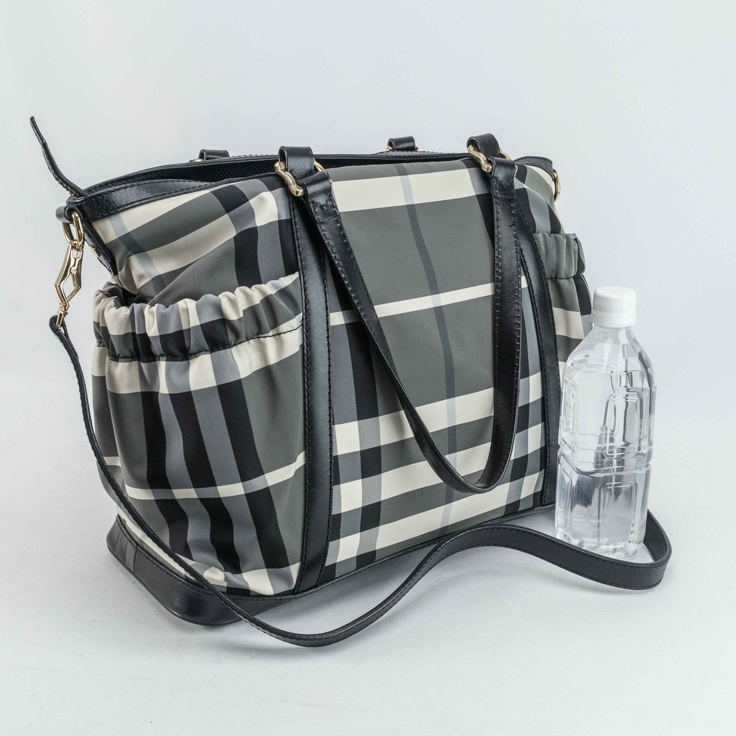 Burberry Black & White Nylon Check Drawstring Tote Bag