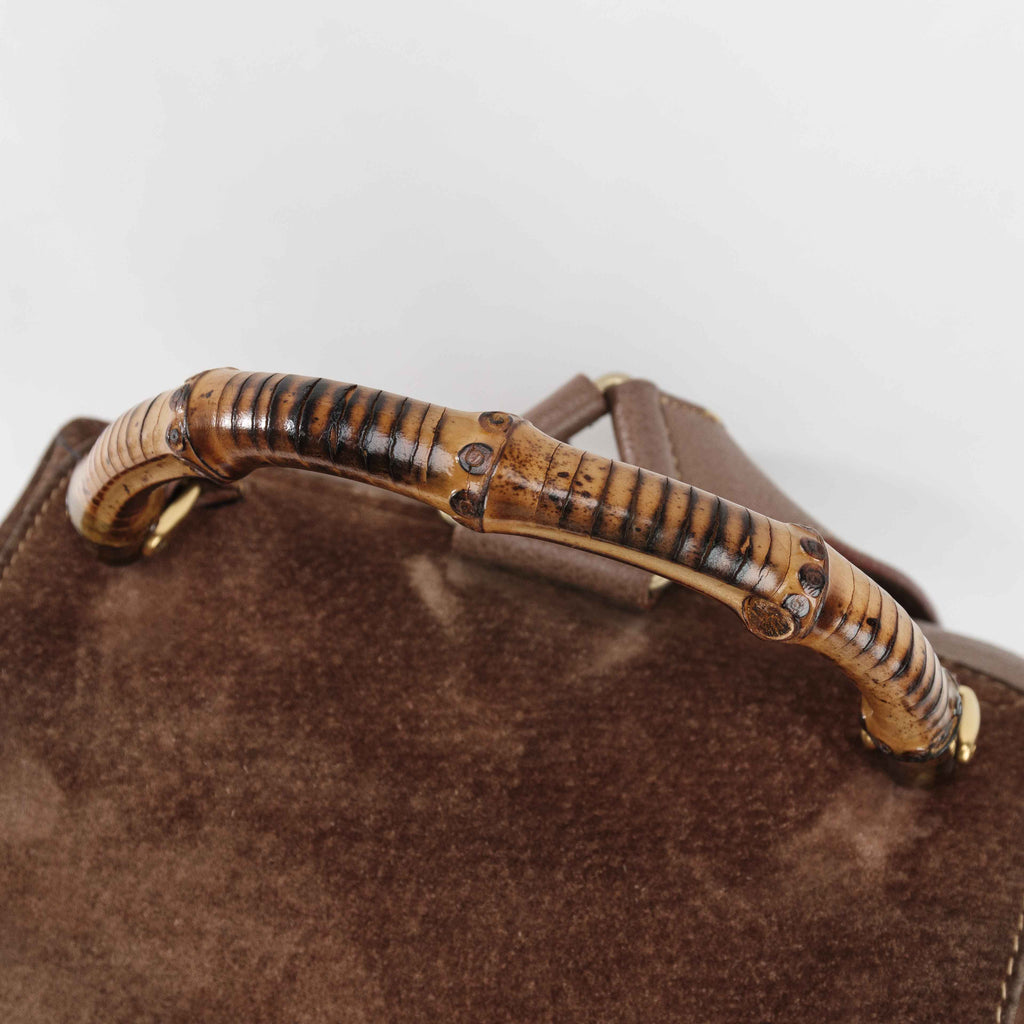 Gucci Brown Suede Bamboo Handle Backpack