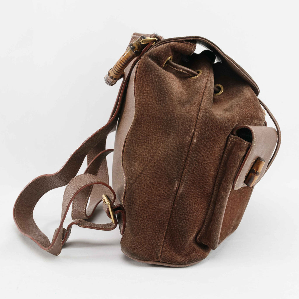 Gucci Brown Suede Bamboo Handle Backpack