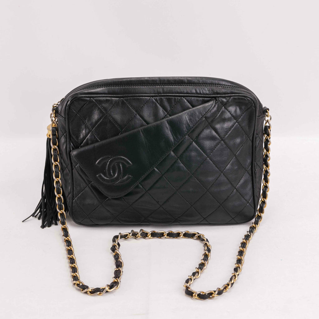 Authentic Chanel Vintage Black Quilted Leather Matelasse chain shoulder bag