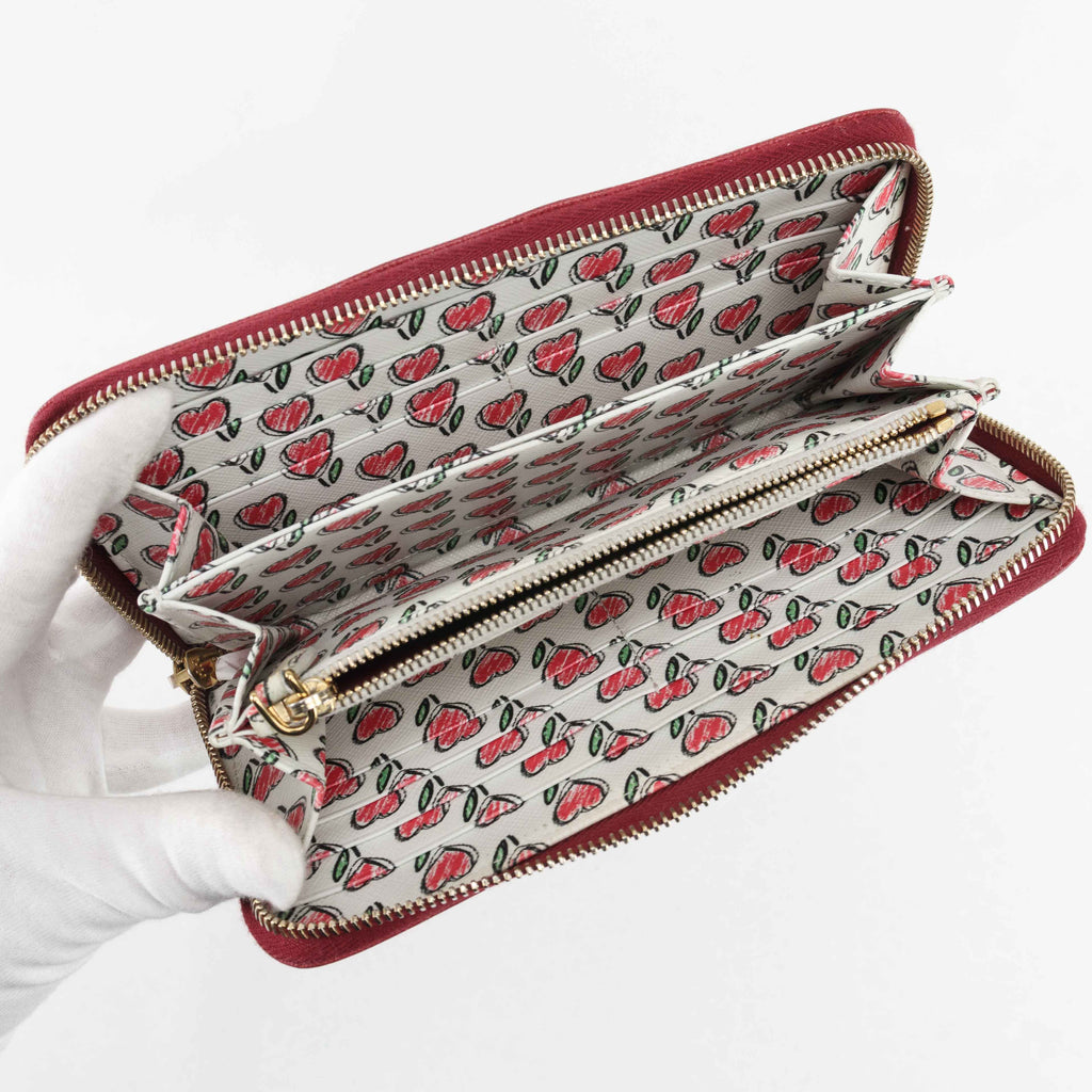 Prada Saffiano Leather Zip Around Wallet - Red with Heart Print Interior