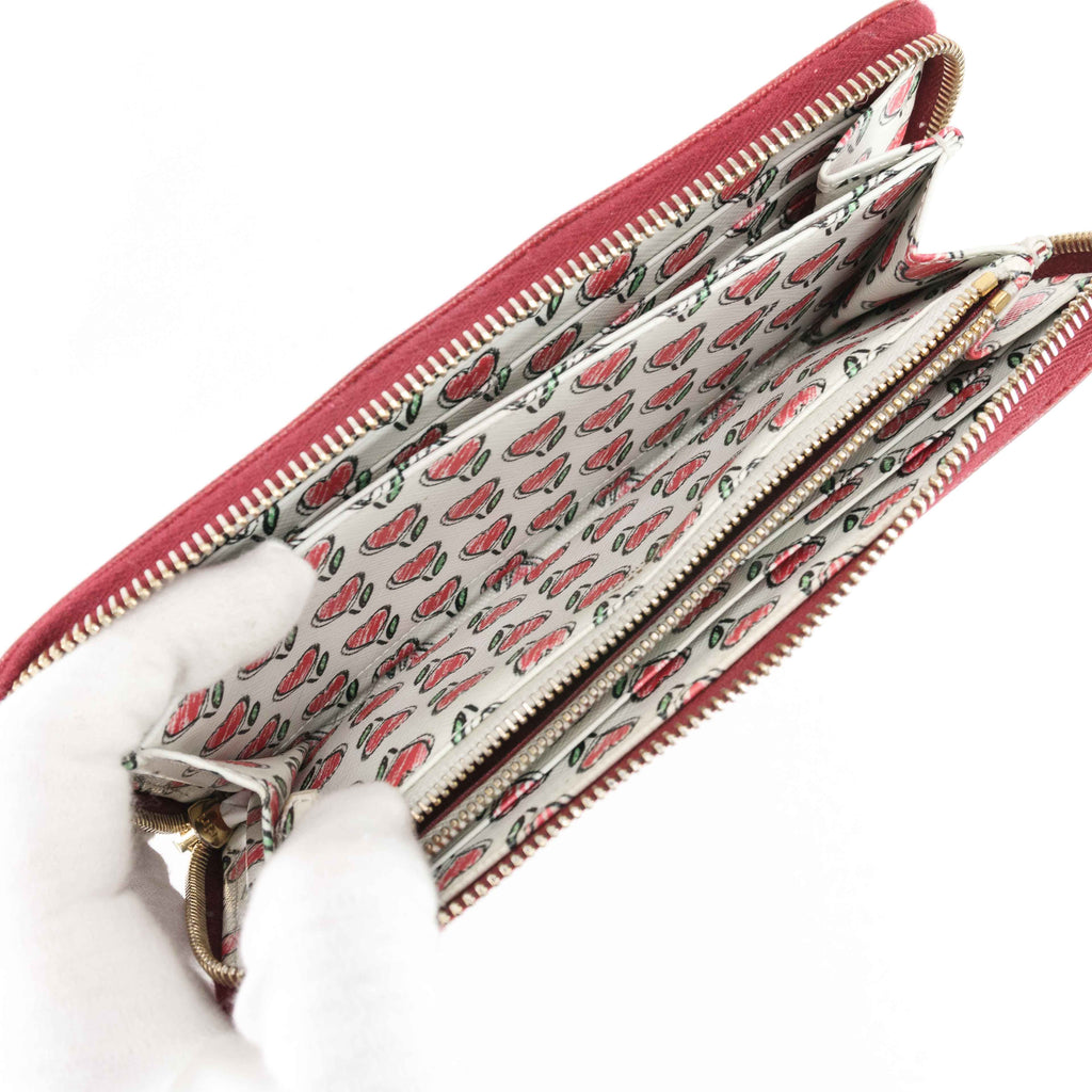Prada Saffiano Leather Zip Around Wallet - Red with Heart Print Interior