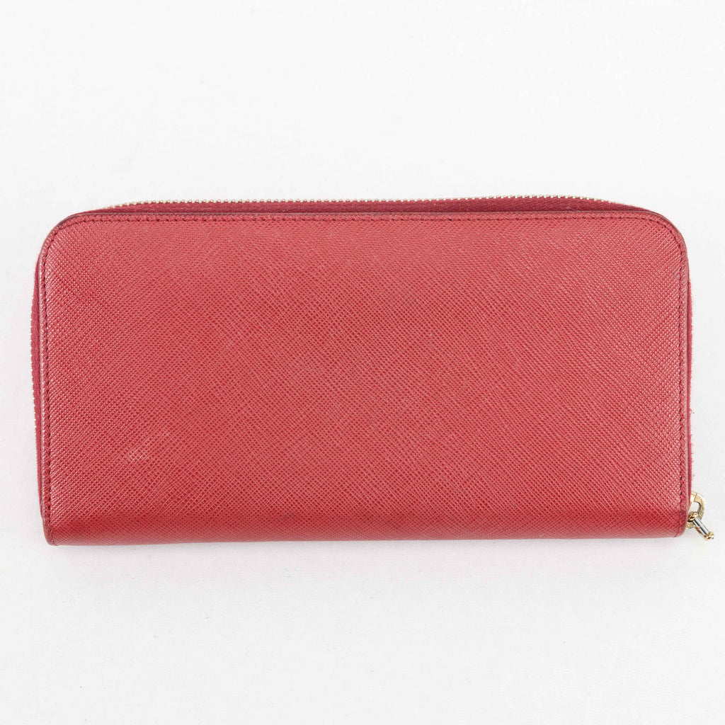 Prada Saffiano Leather Zip Around Wallet - Red with Heart Print Interior