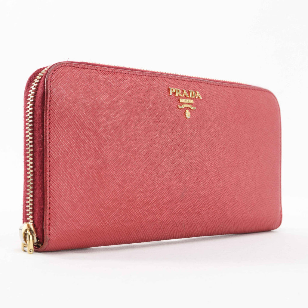 Prada Saffiano Leather Zip Around Wallet - Red with Heart Print Interior
