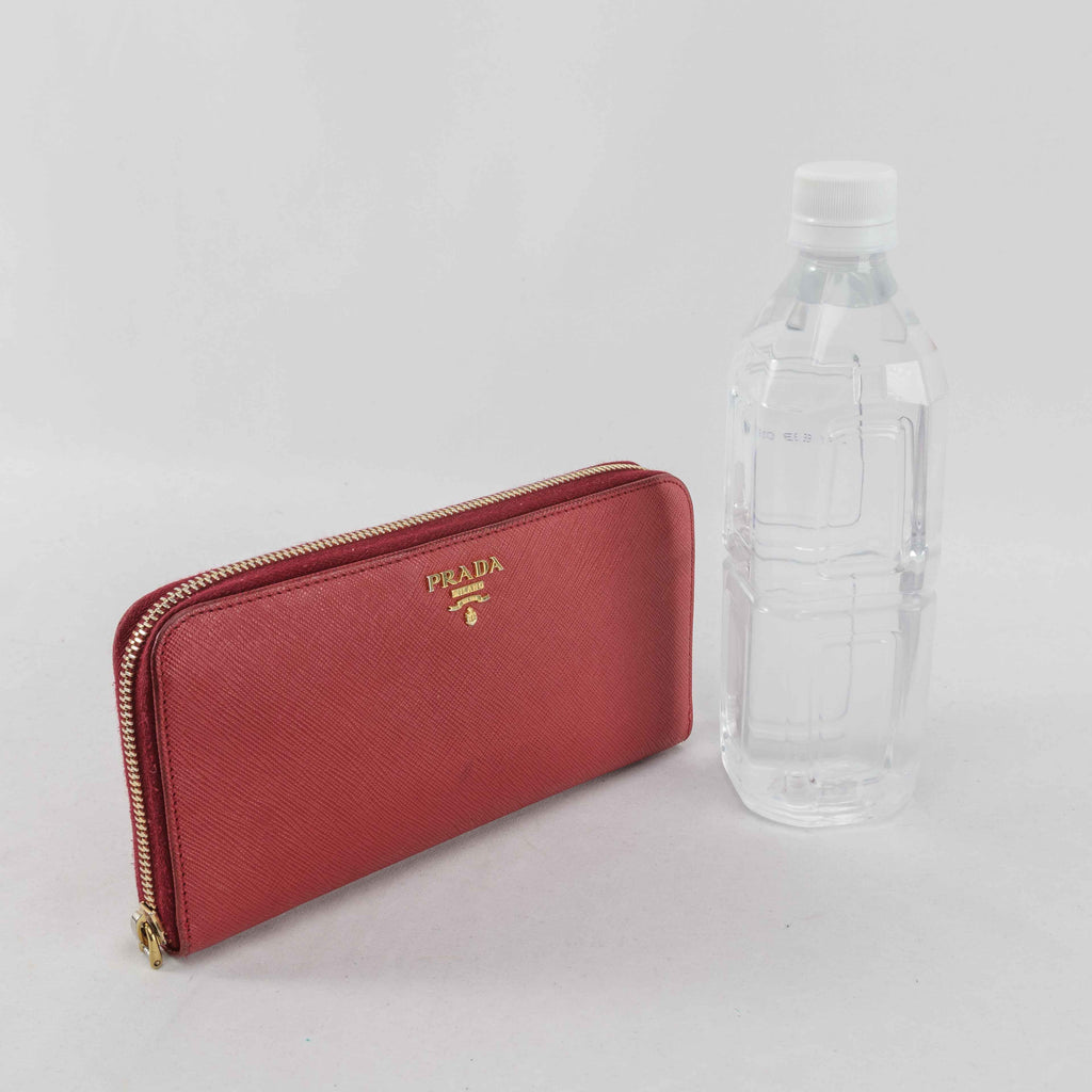 Prada Saffiano Leather Zip Around Wallet - Red with Heart Print Interior