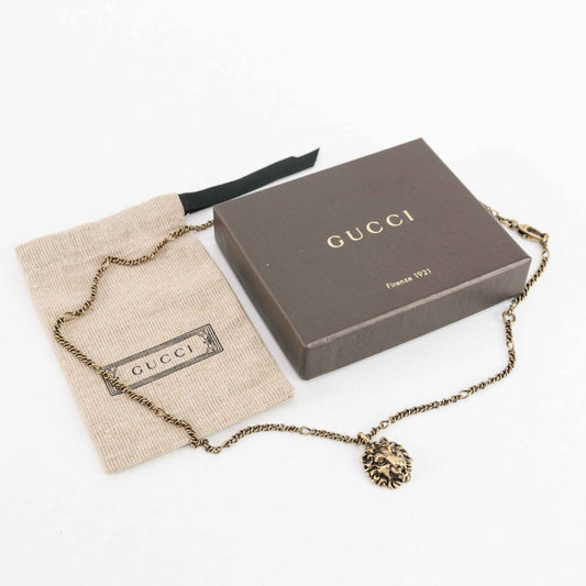 Gucci Lion Head Necklace – Antique Gold-Tone Pendant Chain