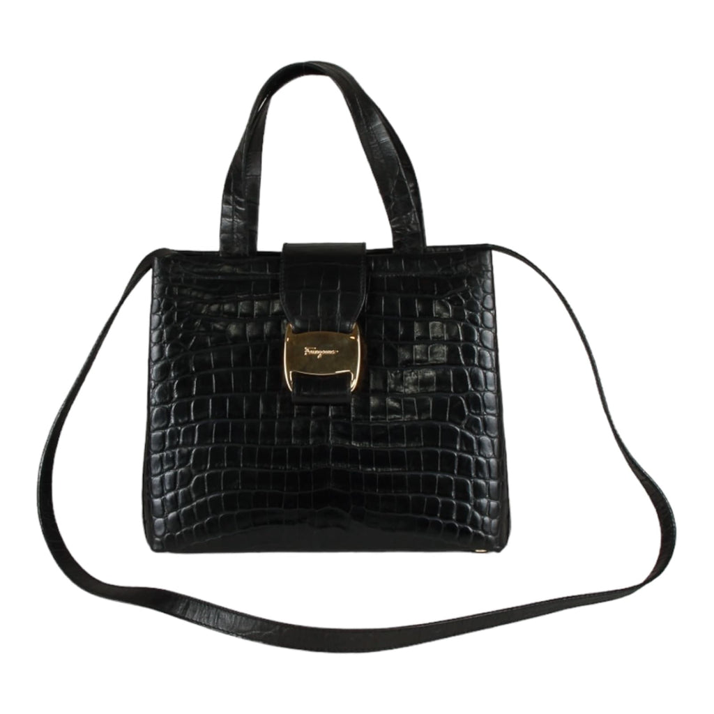 Authentic Salvatore Ferragamo black croc embossed two way bag