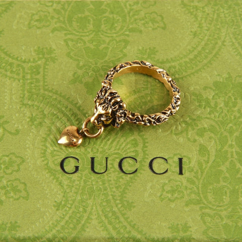 Authentic Gucci Lion Head Motif Crystal Ring In Gold Green