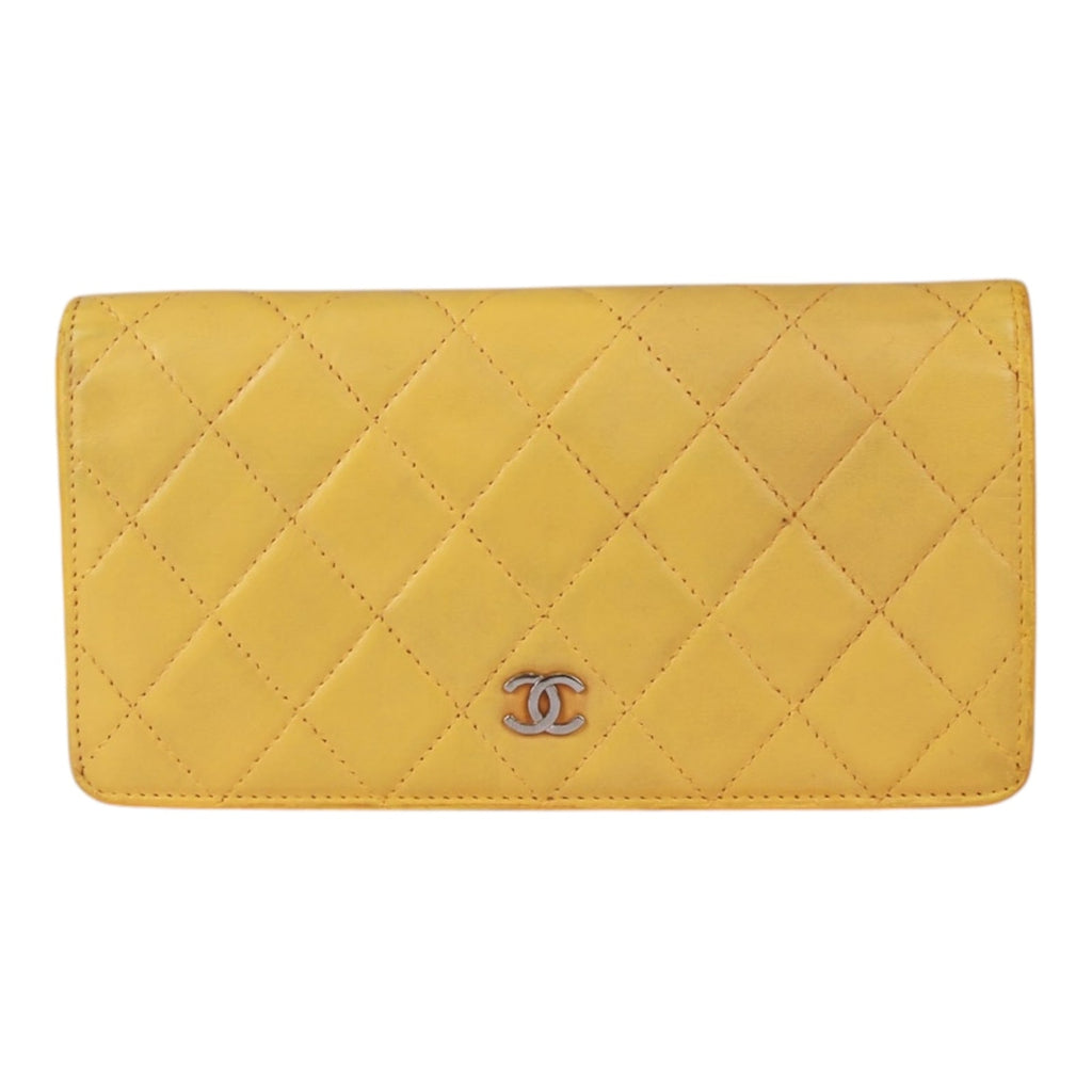 Authentic Chanel Yellow Quilted Leather CC Classic Bifold Long Wallet