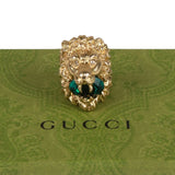 Authentic Gucci Lion Head Motif Crystal Ring In Gold & Green