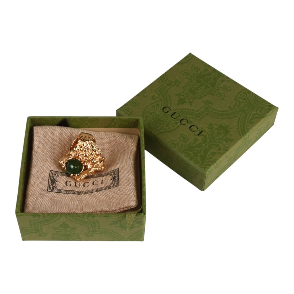 Authentic Gucci Lion Head Motif Gemstone Ring In Gold & Green