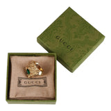 Authentic Gucci Lion Head Motif Gemstone Ring In Gold & Green