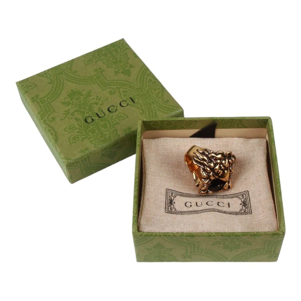 Authentic Gucci Lion Head Motif Crystal Ring In Gold & Black