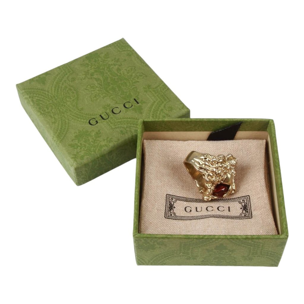 Authentic Gucci Lion Head Motif Crystal Ring In Gold & Red