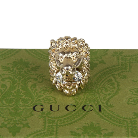 Authentic Gucci Lion Head Motif Crystal Ring In Silver & Black