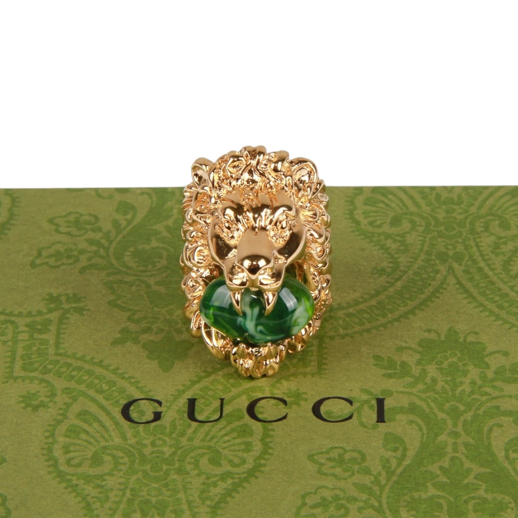 Authentic Gucci Lion Head Motif Gemstone Ring In Gold & Green