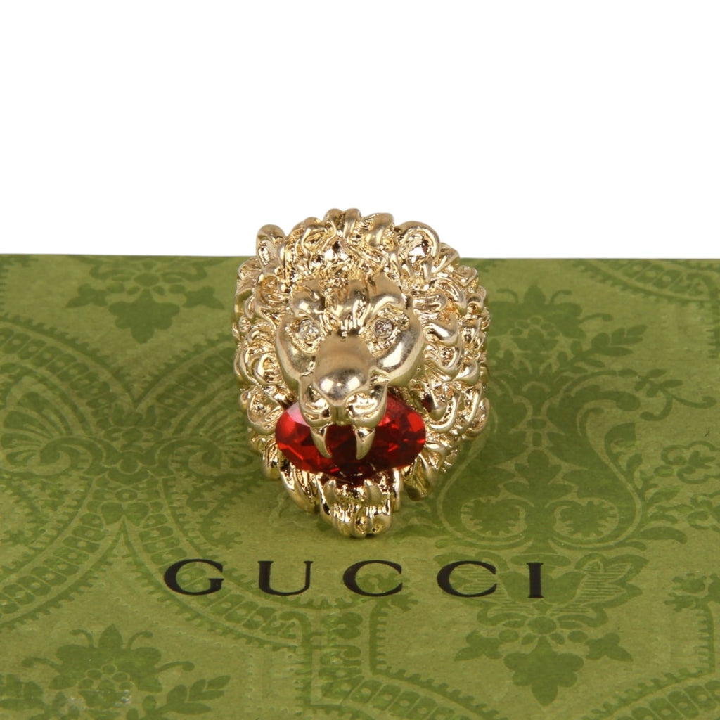 Authentic Gucci Lion Head Motif Crystal Ring In Gold & Red