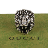 Authentic Gucci Lion Head Motif Crystal Ring In Silver & Black