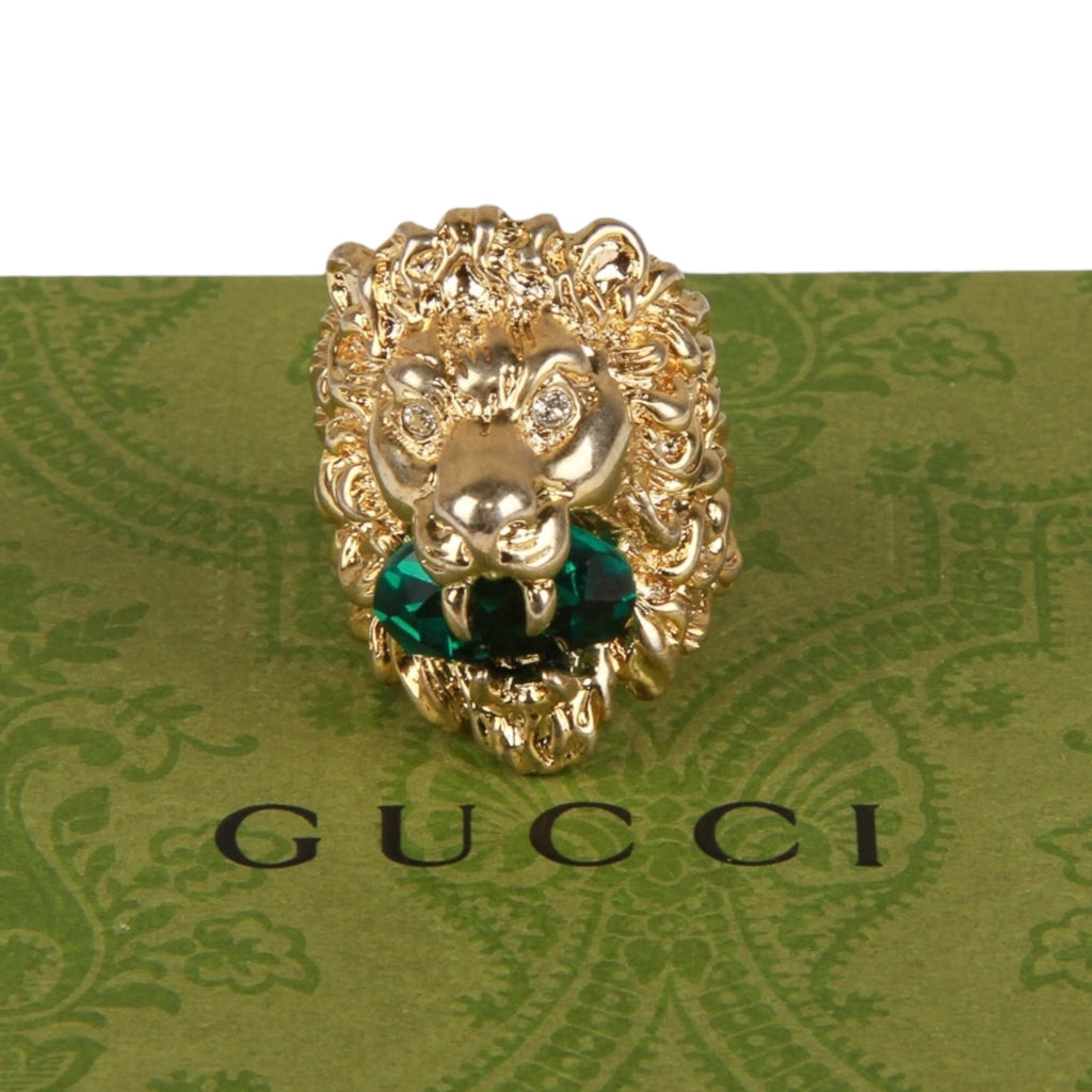 Authentic Gucci Lion Head Motif Gemstone Ring In Gold & Green